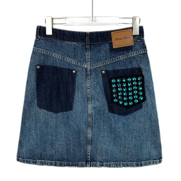 Miu Miu Distressed Denim Mini Skirt With Red & Blue Studded Pocket Accents - Picture 3 of 9